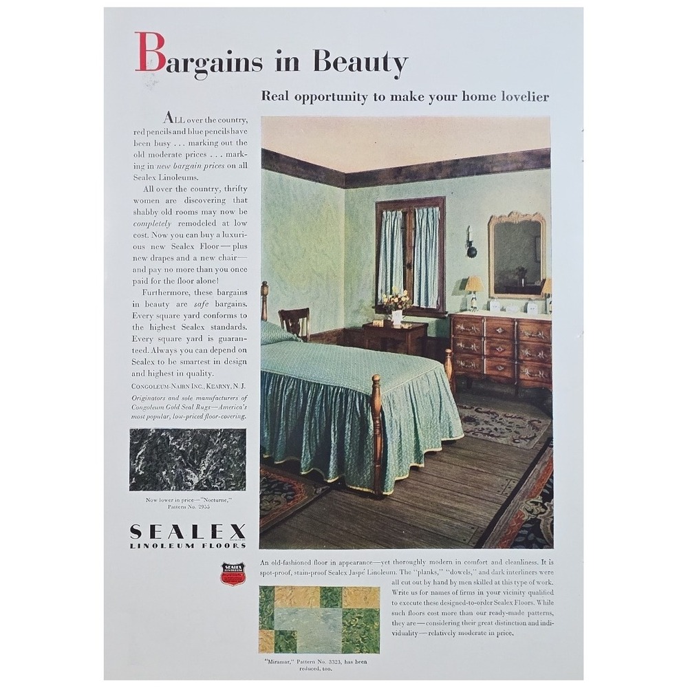 Vintage 1932 Sealex Linoleum Floors Print Ad, Home Decor, Interior Design